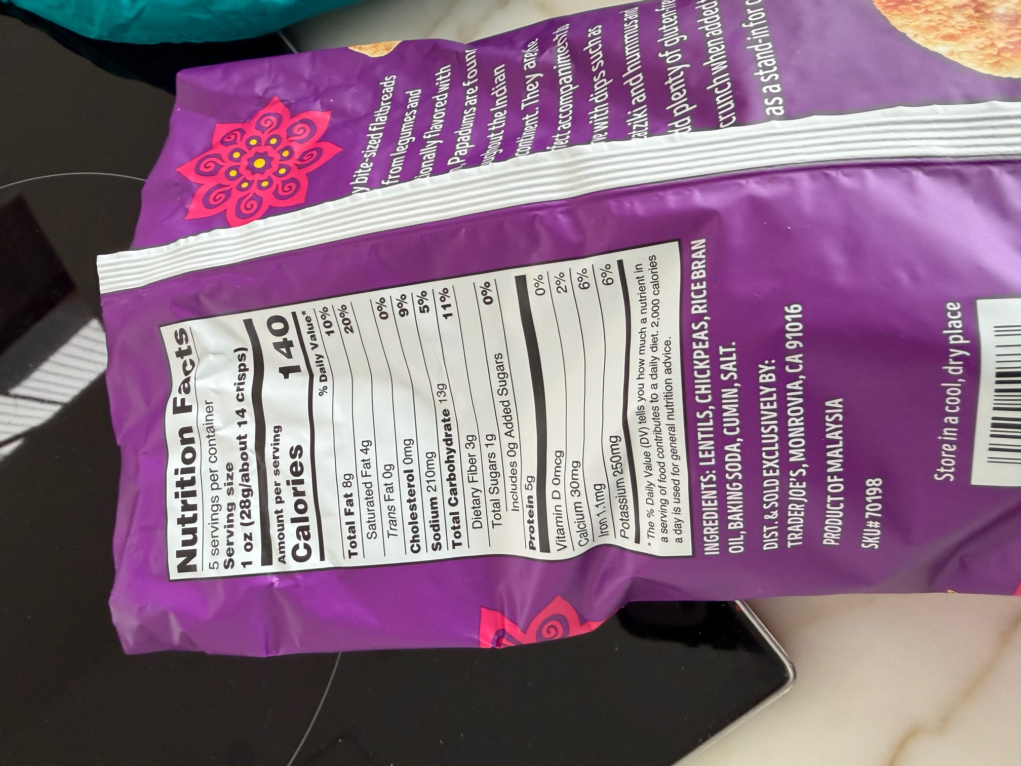 Trader Joe's Papadums nutrition label
